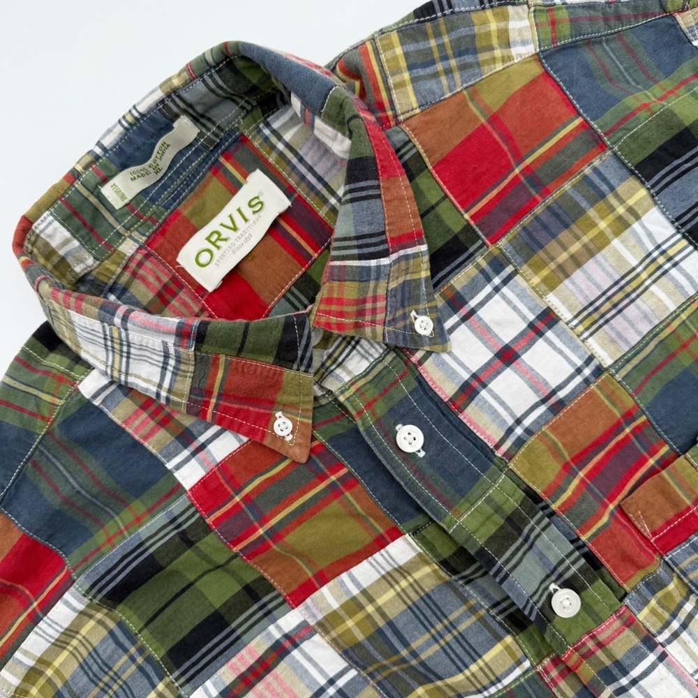 Orvis Mens XL Patchwork Madras Shirt Short Sleeve Cotton Plaid Button Down Multi